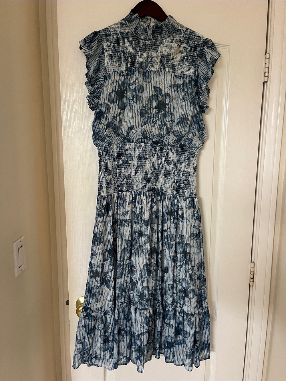 Aqua Blue and White Floral Smocked Midi Dress